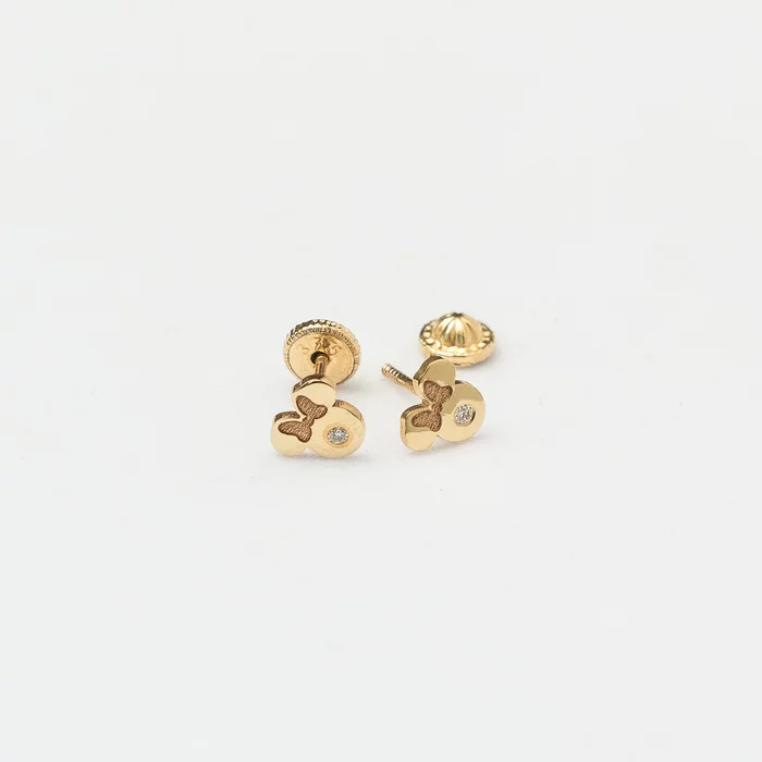 Cercei bebe/fetite cu Diamant natural - Model Minnie Mouse - Aur Galben 14K - Inchizatoare filet