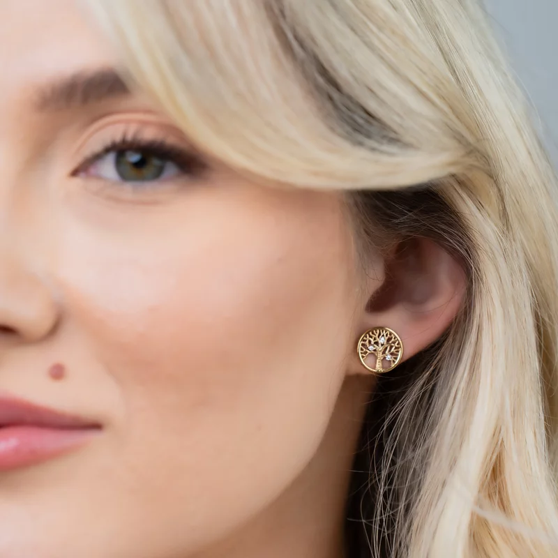 Cercei Copacul Vietii - decorat cu Zirconii albe - Argint 925 placat cu Aur Galben 18K picture - 2