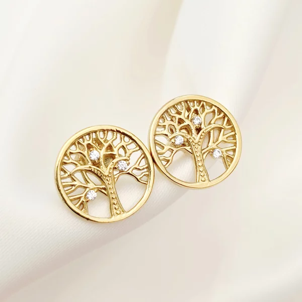 Cercei Copacul Vietii - decorat cu Zirconii albe - Argint 925 placat cu Aur Galben 18K