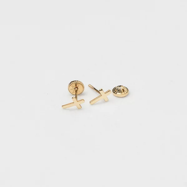 Cercei copii/bebe - Model cruce - Aur Galben 14K - Inchizatoare sigura si confortabila cu filet