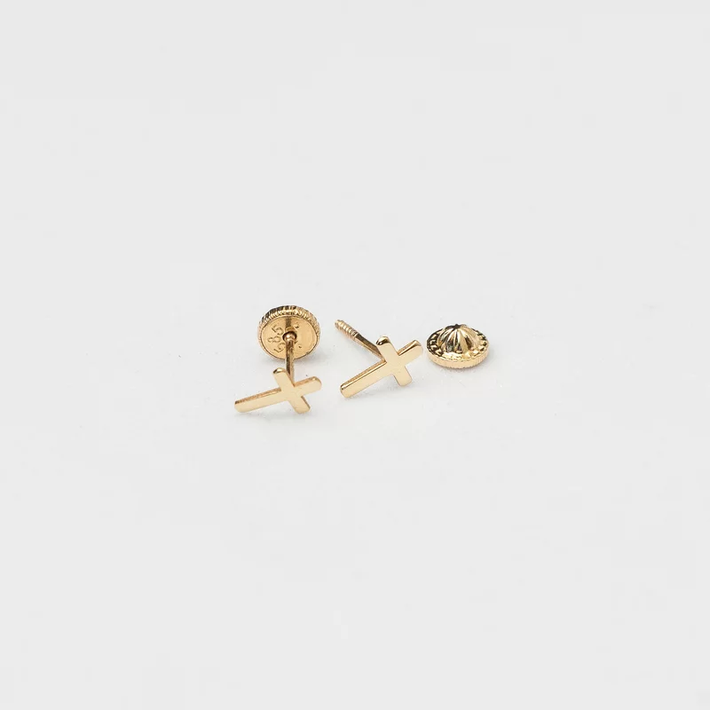 Cercei copii/bebe - Model cruce - Aur Galben 14K - Inchizatoare sigura si confortabila cu filet