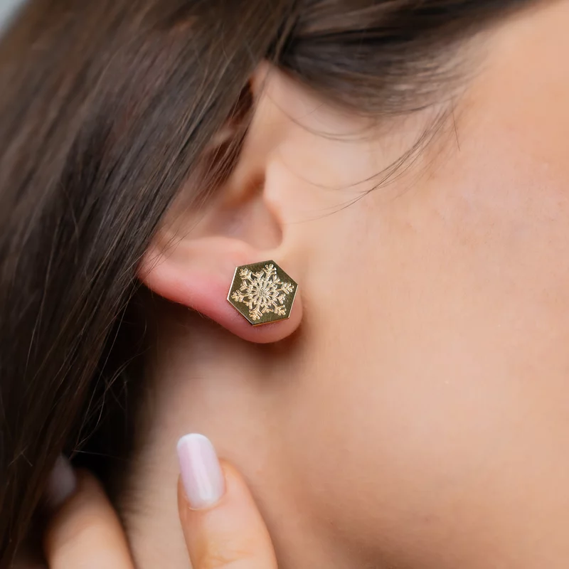 Cercei Craciun - Model Hexagon - Fulg de zapada - Argint 925 placat cu Aur galben de 18K - inchidere surub picture - 4
