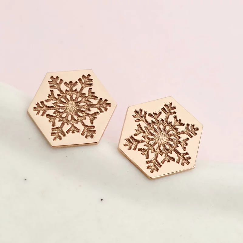 Cercei Craciun - Model Hexagon - Fulg de zapada - Argint 925 placat cu Aur roz de 18K - inchidere surub picture - 3