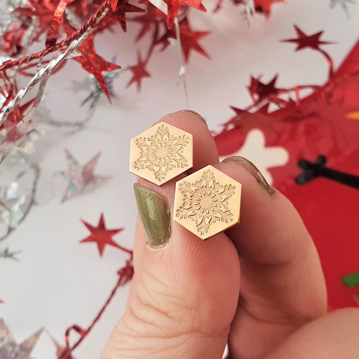 Poze Cercei Craciun - Model Hexagon - Fulg de zapada - Argint 925 placat cu Aur roz de 18K - inchidere surub