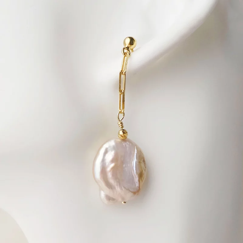 Cercei curgatori - Perle pinkie monede - Argint 925 placat cu Aur galben 18K picture - 3