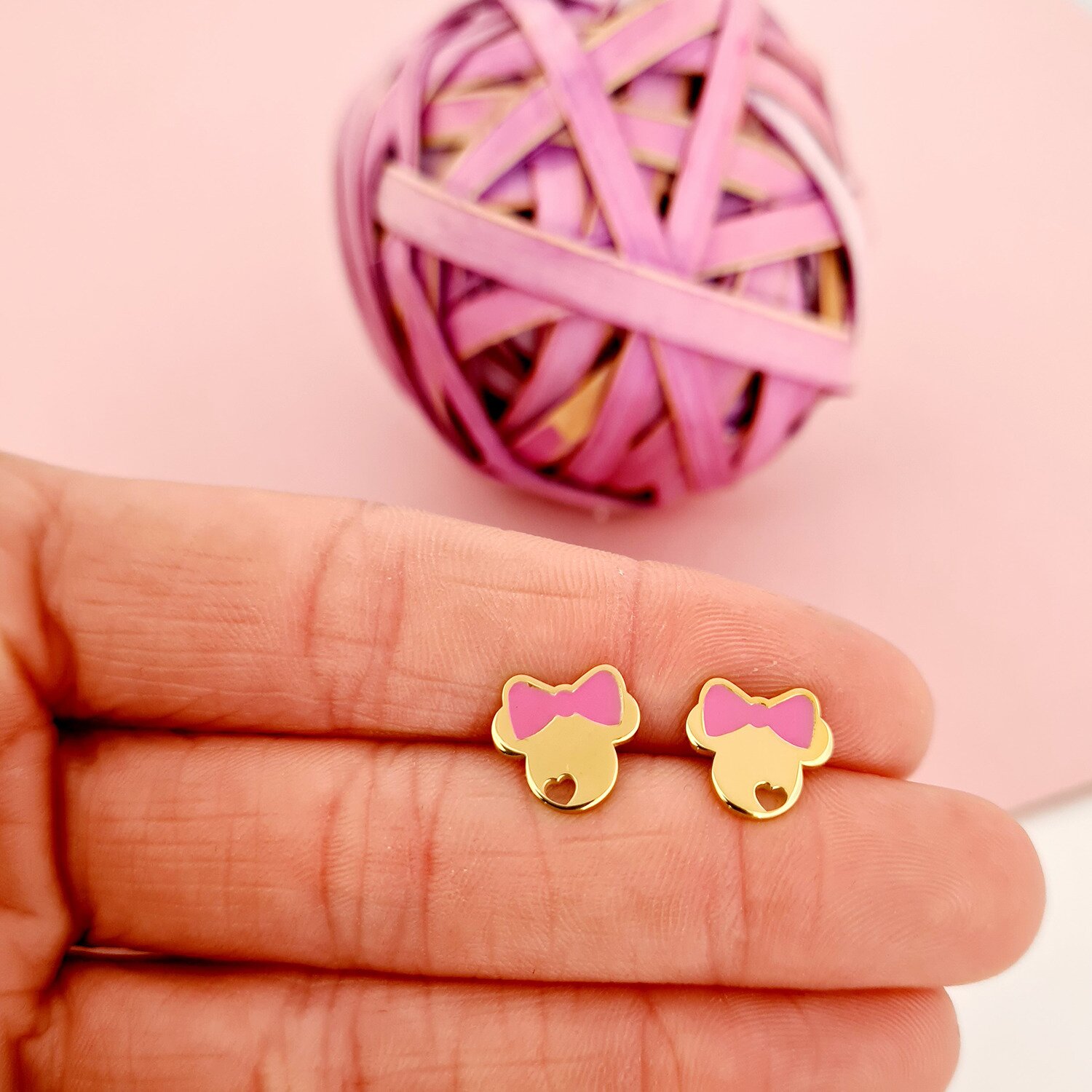 Cercei decorati cu email - Minnie Mouse cu fundita roz - Argint 925 placat cu Aur Galben 18K - Inchidere surub