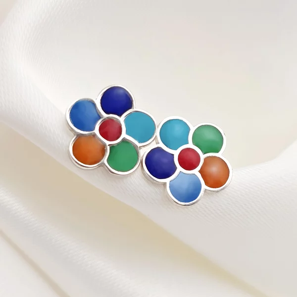 Cercei Floare multicolora - Decorati cu email - Argint 925 - Inchidere surub