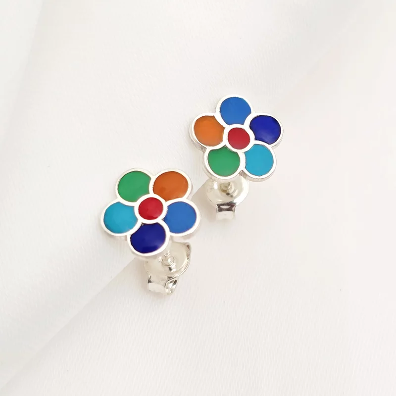 Cercei Floare multicolora - Decorati cu email - Argint 925 - Inchidere surub picture - 4