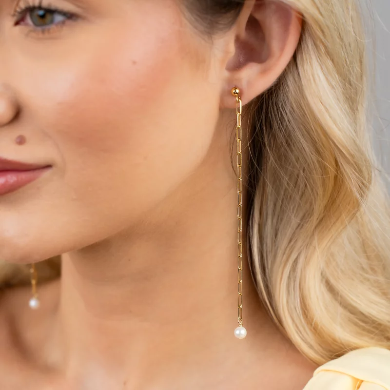 Cercei lungi cu picatura de Perla - Argint 925 placat cu Aur Galben 18K - Inchizatoare surub picture - 4