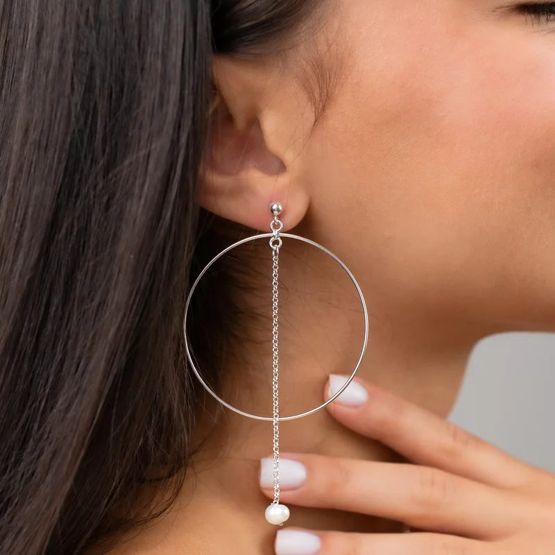 Cercei rotunzi BIG HOOPS cu lant si picatura de Perla - Argint 925 - Inchizatoare surub picture - 2