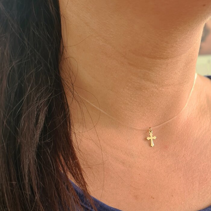 Choker Aur Galben 14K – Pandantiv Cruce – Lant silicon cu inchizatoare carabina 14K
