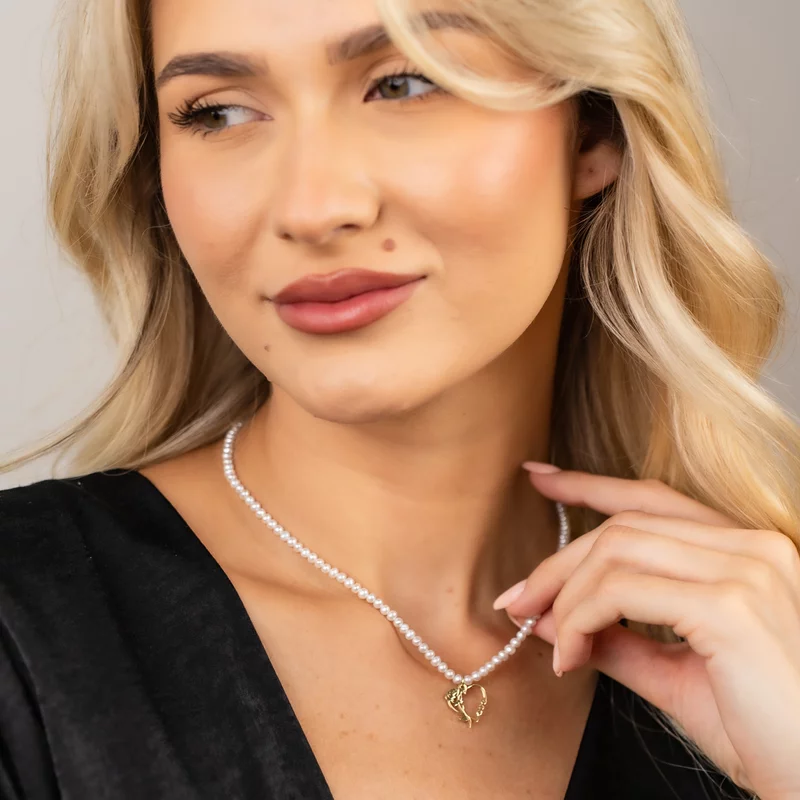 Colier Belle - Pandantiv cu Trandafir si LOVE & Sirag de Perle - Argint 925 placat cu Aur Galben 18K picture - 2