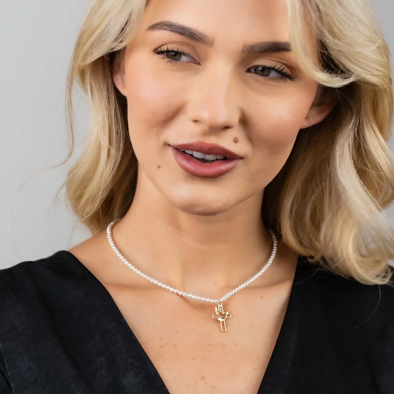 Colier Credinta si Lumina - Pandantiv Cruce cu Porumbel & Sirag de Perle - Argint 925 placat cu Aur Galben 18K picture - 2