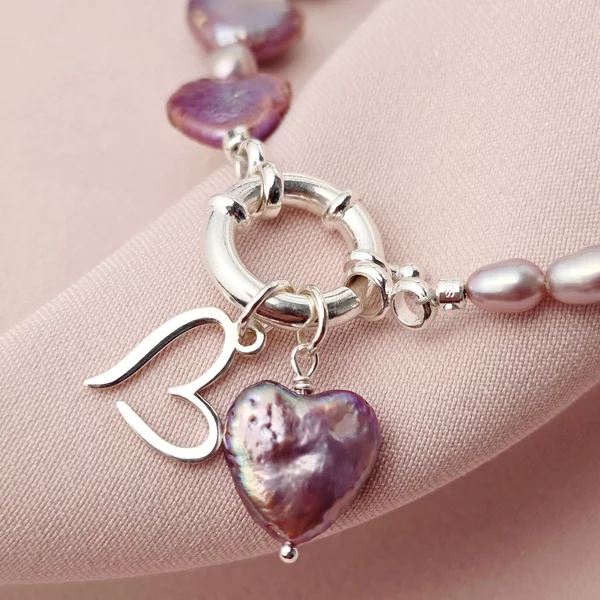Colier cu Perle - Inimi purpurii - Model combinatie de perle rice mov cu perle purple heart - Argint 925