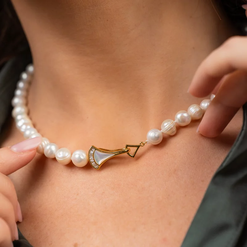 Lantisor cu Perle - model sirag de perle potato albe de apa dulce - Argint 925 placat cu Aur Galben 18K picture - 6