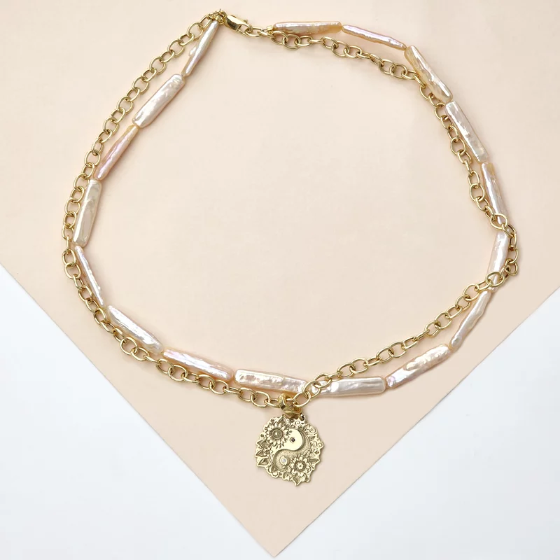 Colier Floare Yin & Yang si doua Diamante naturale - Combinatie sirag de Perle stick peach si lant cu zale rotunde - Argint 925 placat cu Aur Galben 18K picture - 4