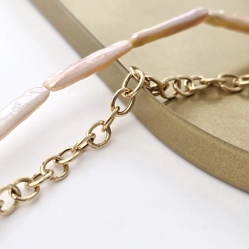 Colier Floare Yin & Yang si doua Diamante naturale - Combinatie sirag de Perle stick peach si lant cu zale rotunde - Argint 925 placat cu Aur Galben 18K picture - 5