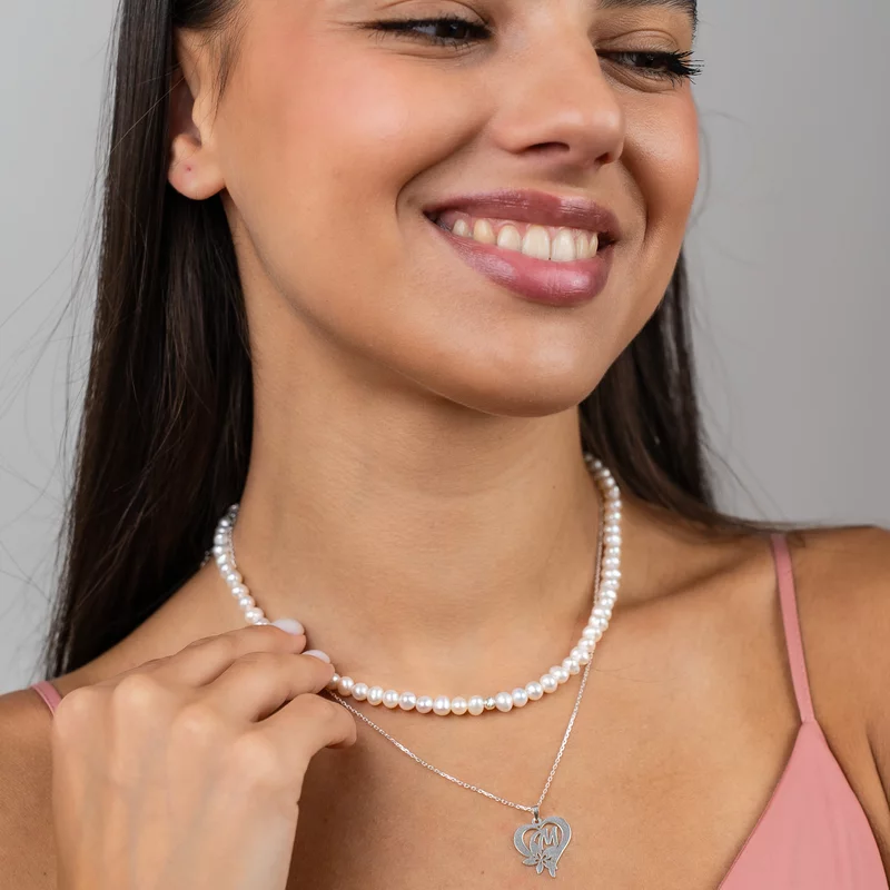 Colier Floarea Dragostei - Pandantiv inima cu initiala - Lantisor & Sirag de Perle - Argint 925 picture - 2