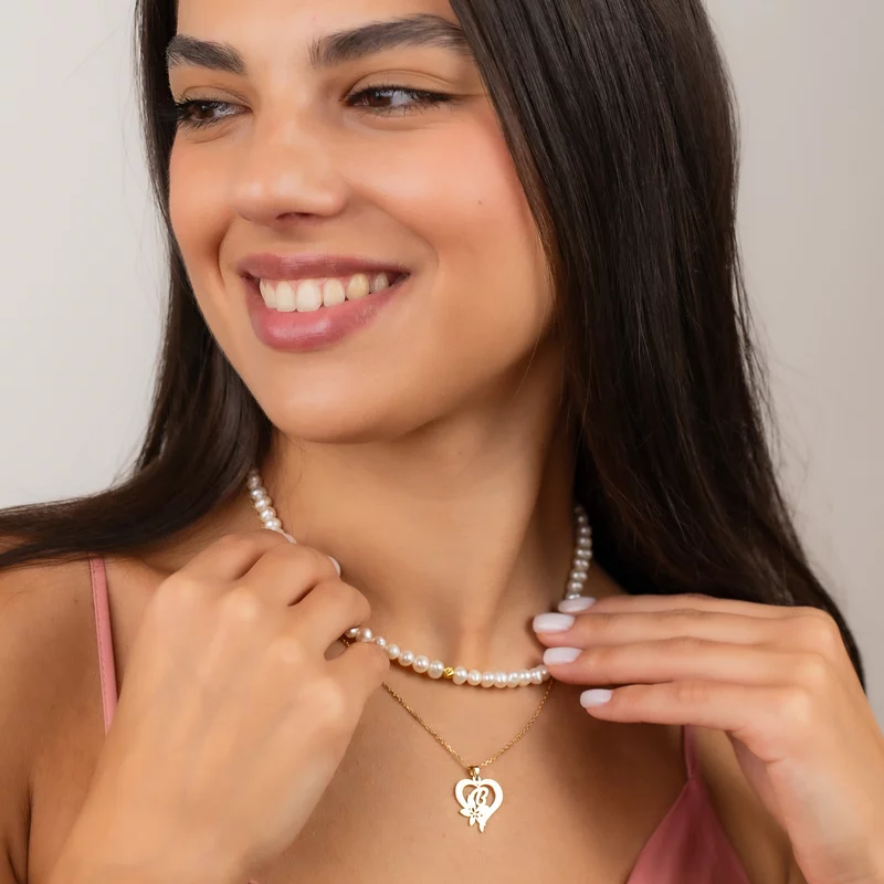 Colier Floarea Dragostei - Pandantiv inima cu initiala - Lantisor & Sirag de Perle - Argint 925 placat cu Aur Galben 18K picture - 2