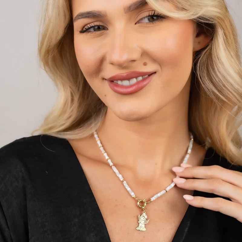 Colier Inger Pazitor - Pandantiv cu decupaje fine & Sirag Elegant de Pietre bambus sidef - Argint 925 placat cu Aur Galben 18K picture - 4