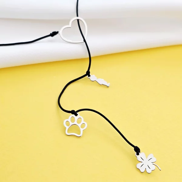 Colier lariat Y - 4 pandantive -  Inima si 3 piese la alegere - Argint 925 - snur negru