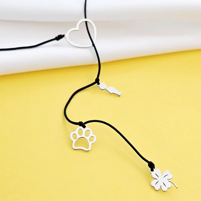 Colier lariat Y - 4 pandantive - Inima si 3 piese la alegere - Argint 925 - snur negru