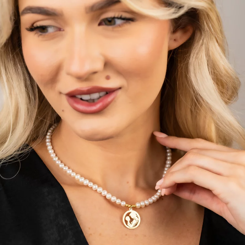 Colier Legatura Mama si Fiu - Pandantiv Disc & Sirag de Perle - Argint 925 placat cu Aur Galben 18K picture - 2