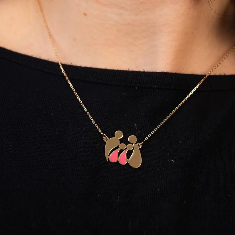 Colier personalizat decorat cu email roz - Familia 4 membri în formă de picături - Argint 925 placat cu Aur Galben de 18K picture - 4