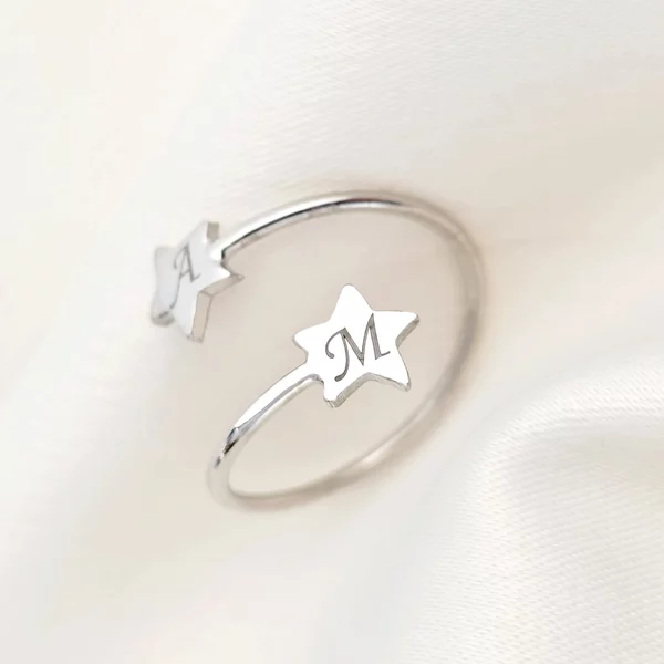 Inel 2 stelute - Gravura initiale personalizata - Argint 925 - Model reglabil