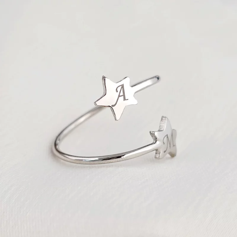 Inel 2 stelute - Gravura initiale personalizata - Argint 925 - Model reglabil picture - 3