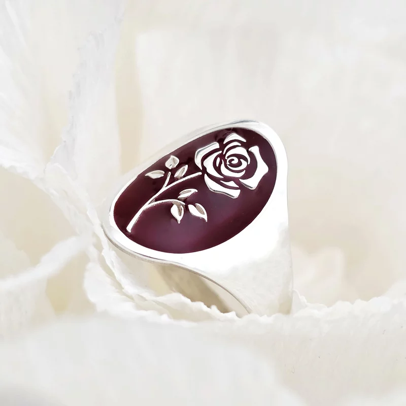 Inel Petale de culori - Trandafir cu email rosu - Argint 925 picture - 3