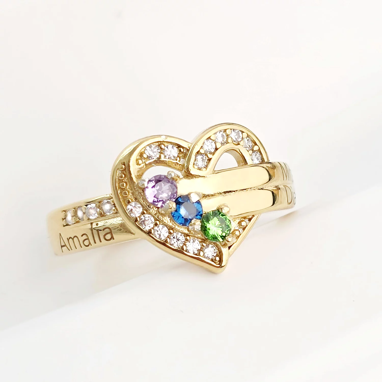 Inel Tre Amori - 3 nume si Cristale Zirconia - Argint 925 placat cu Aur Galben 18K