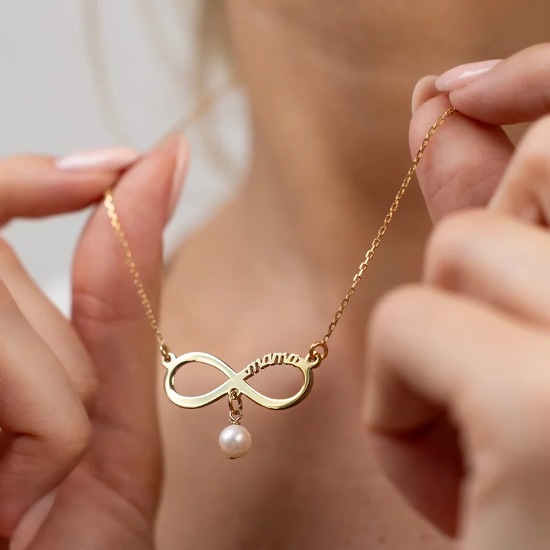 Lant infinit personalizat cu mama si picatura de perla - Argint 925 placat cu Aur Galben 18K picture - 2