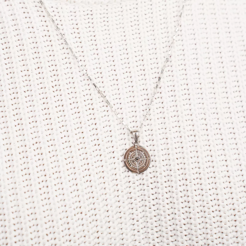 Lant pentru el cu Diamant natural - Pandantiv Busola - Argint 925 Rodiat - Lant barbatesc zale picture - 4