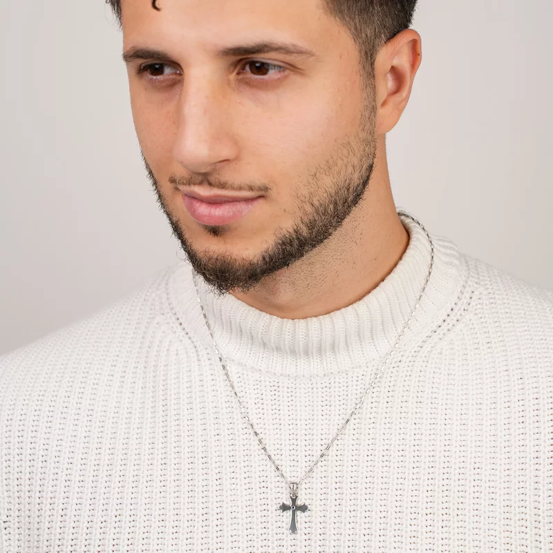 Lant pentru el cu Diamant natural - Pandantiv Cruce - Argint 925 Rodiat - Lant barbatesc zale picture - 2