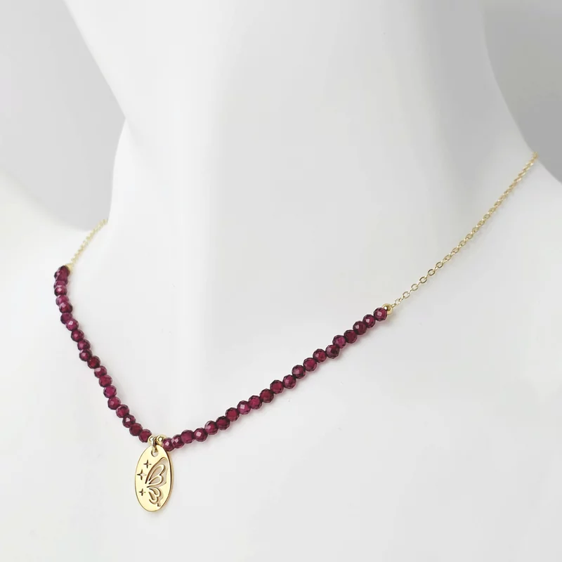 Lantisor Butterfly - Pietre Granat & Pandantiv cu Aripa Fluturas - Argint placat cu Aur Galben 18K picture - 2