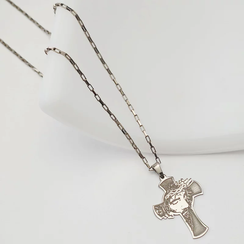 Lantisor Chipul lui Iisus pe crucea sfanta - Bijuterie cu Har pentru barbat - Argint 925 Rodiat - Lant cu zale groase picture - 2