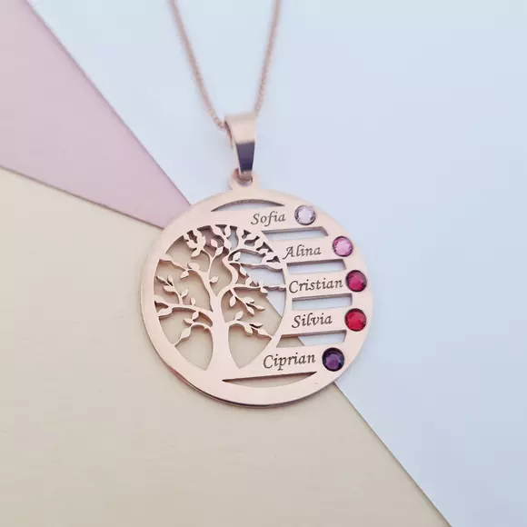 Lantisor Copacul Vietii ARMONIE - Personalizat cu 5 Nume si Cristale Swarovski - Argint 925 placat cu Aur Roz 18K