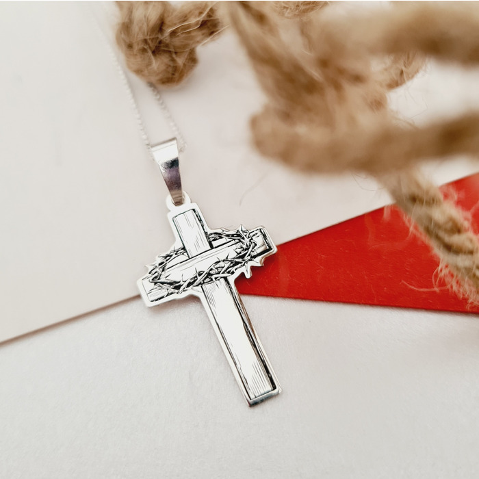 Lantisor Crucea de lemn cu Coroana de spini – Bijuterie cu Har – Argint 925 925