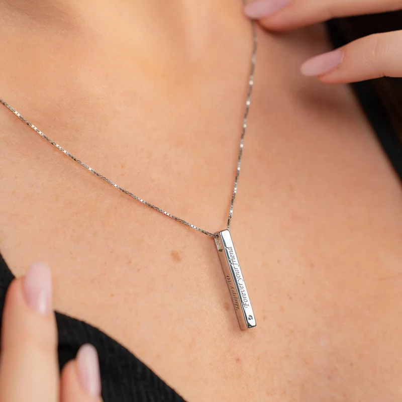 Lantisor cu Diamant natural -  Pandantiv personalizat bara plina Argint masiv - Argint 925 Rodiat picture - 4