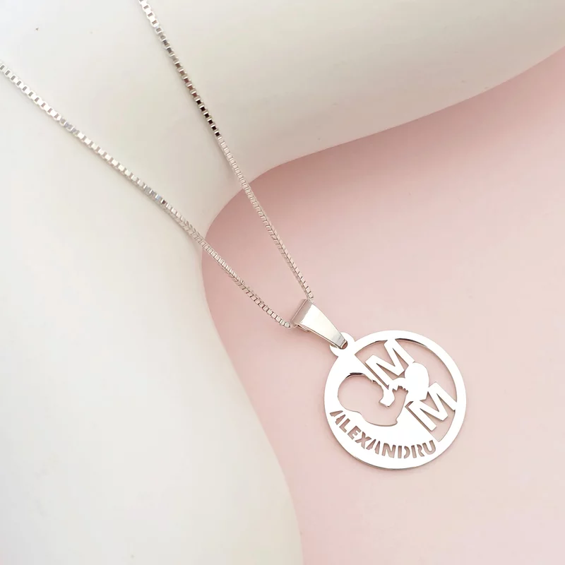 Lantisor cu Pandantiv banut Bebe si Mom - nume decupat - Lant box - Argint 925 picture - 2