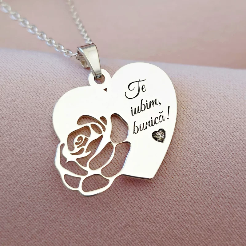 Lantisor cu pandantiv Inima si trandafir decupat - Te iubim bunica! - Lant forzatina - Argint 925 picture - 1