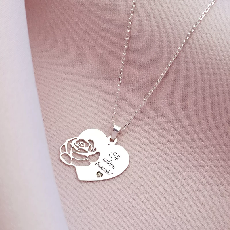 Lantisor cu pandantiv Inima si trandafir decupat - Te iubim bunica! - Lant forzatina - Argint 925 picture - 2