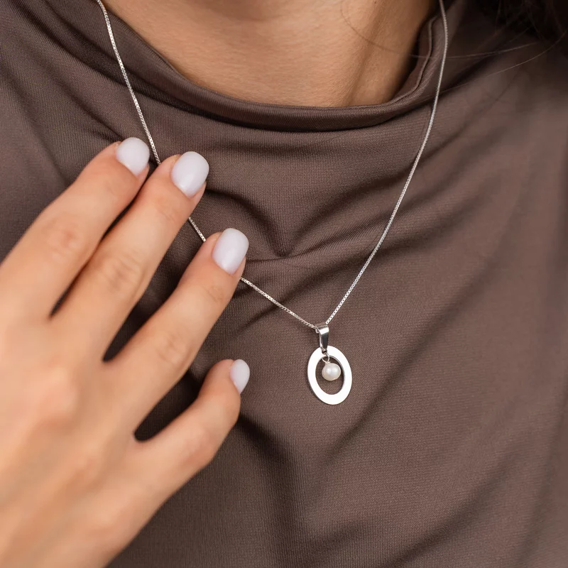 Lantisor cu pandantiv oval - decupat la interior si charm picatura de Perla - Argint 925 picture - 4