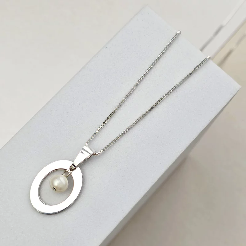 Lantisor cu pandantiv oval - decupat la interior si charm picatura de Perla - Argint 925 picture - 3