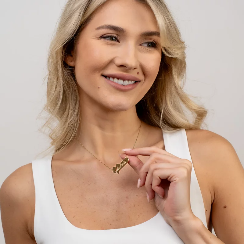 Lantisor cu pandantiv placuta personalizata cu nume si Diamant Natural - Argint placat cu Aur Galben 18K picture - 4