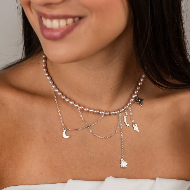 Lantisor cu Perle - Aventura in Cosmos - Model sirag perle rice mov cu lant si pandantive agatate - Argint 925 picture - 2