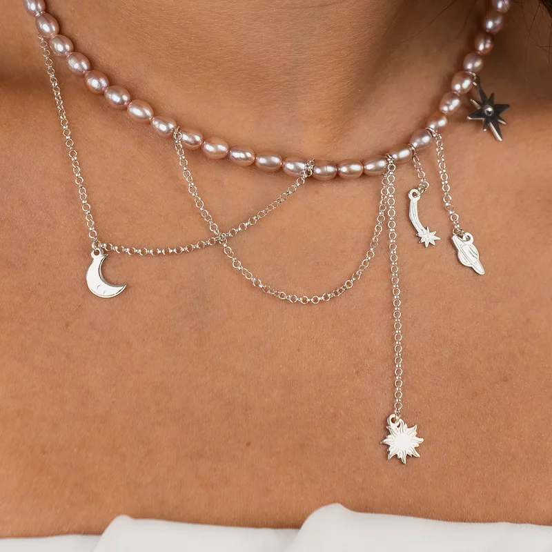 Lantisor cu Perle - Aventura in Cosmos - Model sirag perle rice mov cu lant si pandantive agatate - Argint 925 picture - 4