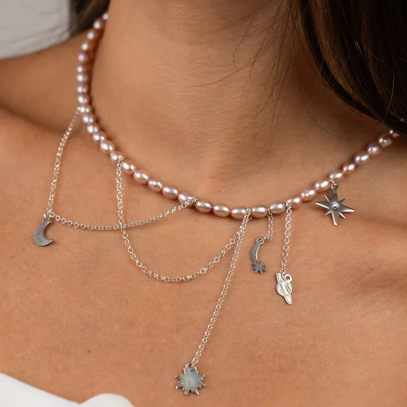 Lantisor cu Perle - Aventura in Cosmos - Model sirag perle rice mov cu lant si pandantive agatate - Argint 925 picture - 6