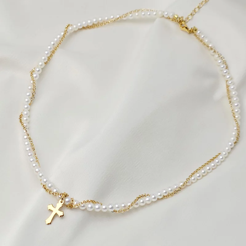 Lantisor cu Perle - Firul credintei - Model sirag perle mici impletit cu lantisor si pandantiv cruce - Argint 925 placat cu Aur Galben 18K picture - 5